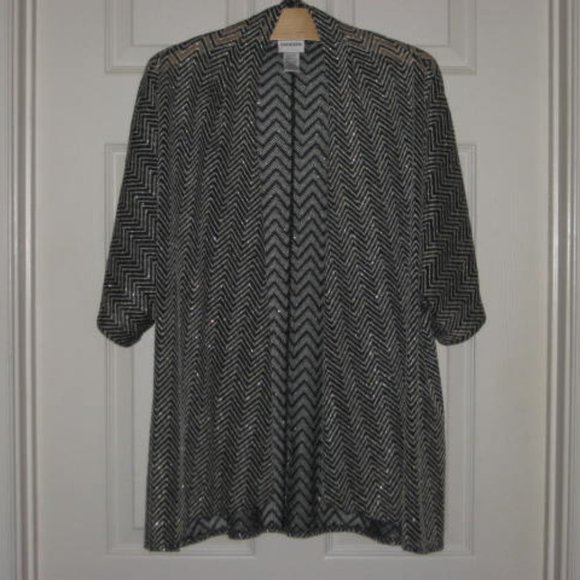 Chicos Size 2 L Open Cardigan Ruana Wrap Sweater Black Gold Metallic Excellent - Picture 7 of 10
